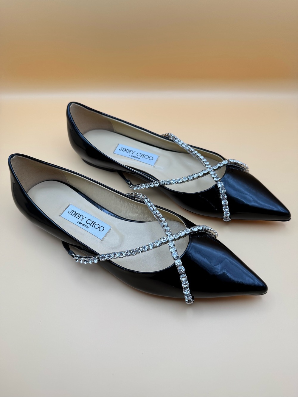 Jimmy Choo Black Patent Pointed Flats with Crystal Cross Straps